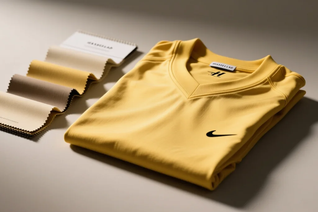 Camisa esportiva colorida sobre arara com peças em tons neutros ao lado