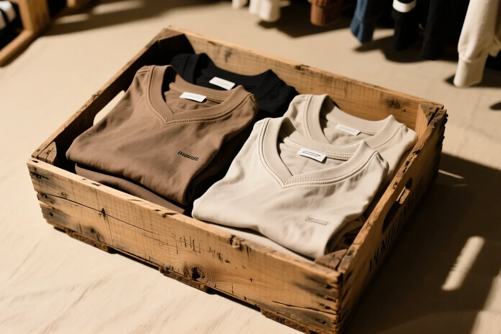 Araras com camisas usadas em ambiente de feira e brechó