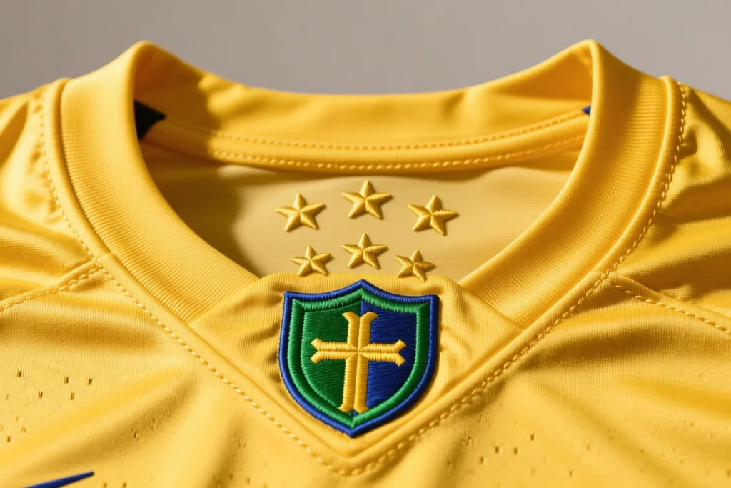 Detalhe de três golas de camisas esportivas sobre fundo claro: polo, redonda e em V