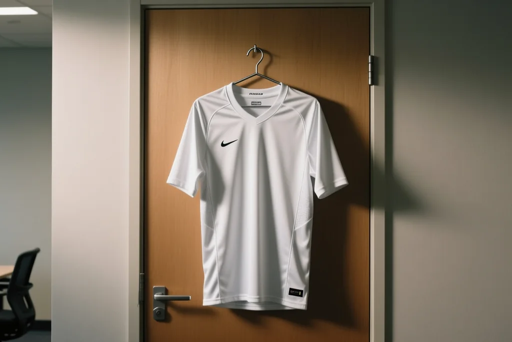 Pessoa com camisa esportiva discreta e casaco leve em ambiente de trabalho informal