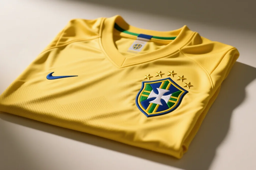 Camisa esportiva estendida sobre mesa clara, com foco no ombro, na gola e na costura interna