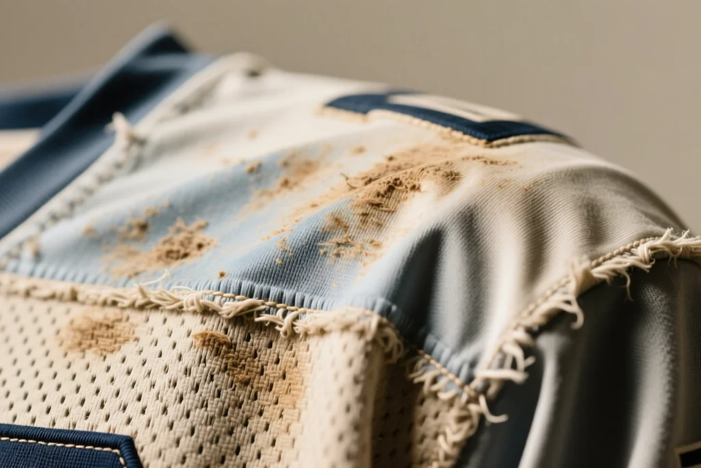 Camisa antiga dobrada sobre superfície neutra, com costura aparente