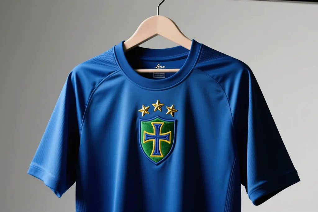 Duas camisas esportivas dobradas lado a lado sobre superfície clara, mostrando mangas e golas diferentes