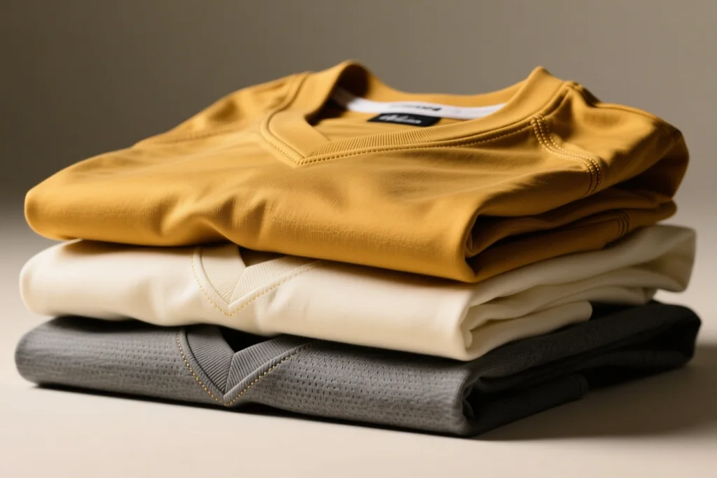 Camisa esportiva de cor intensa sobre cadeira de madeira, com luz natural lateral